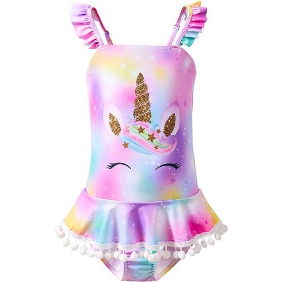 Girls One Piece Swimsuits Swimwear Unicorn Bathing Suit with Pompoms